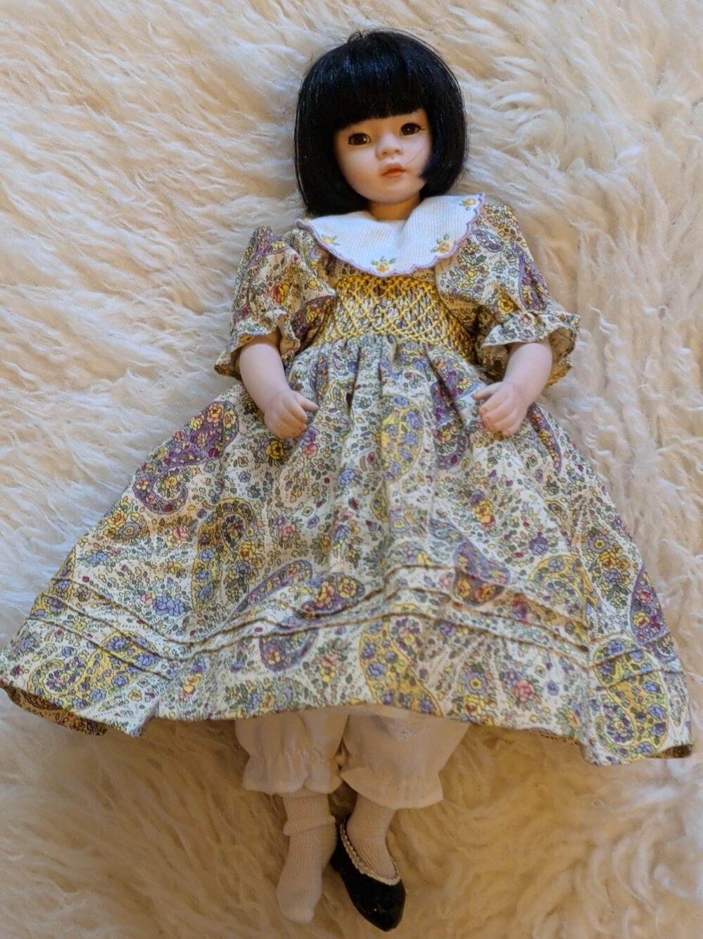 Pauline Bjonness-Jacobsen June Porcelain Collector Doll Black Hair Paisley Dress